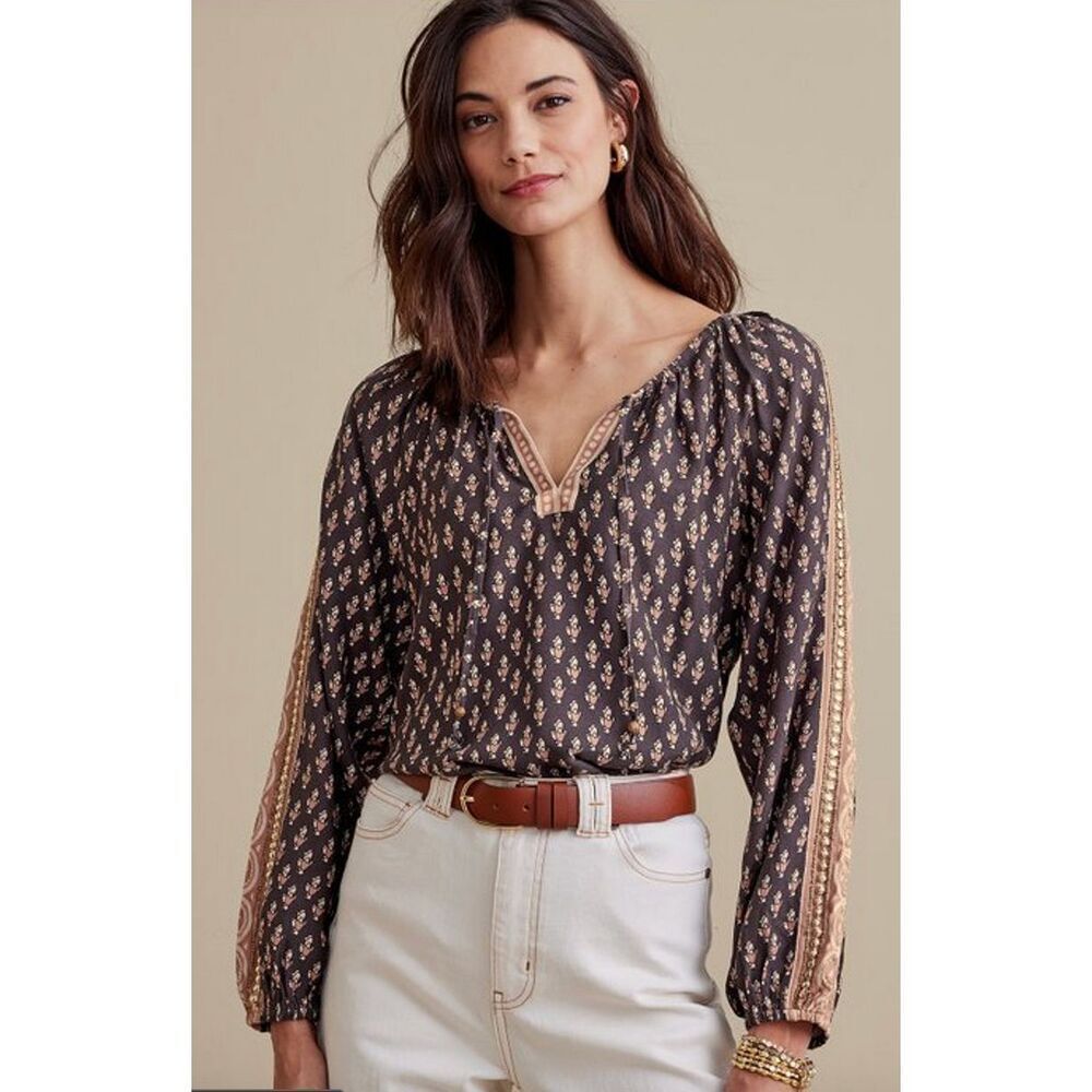 Soft‎ Surroundings Brown Boho Embroidered Embellished Jolene Blouse Size Small